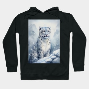 A Proud Snow Leopard Went Hunting, in the Snowy forest, Hight Mountains, Snow Falling, Winter Landscape, Wildlife White Panthera, Watercolor Realistic Illustration, Art, Portrait, Poster, Shirt, Christmas Holiday, Birthday gifts, Hunting lover Hoodie